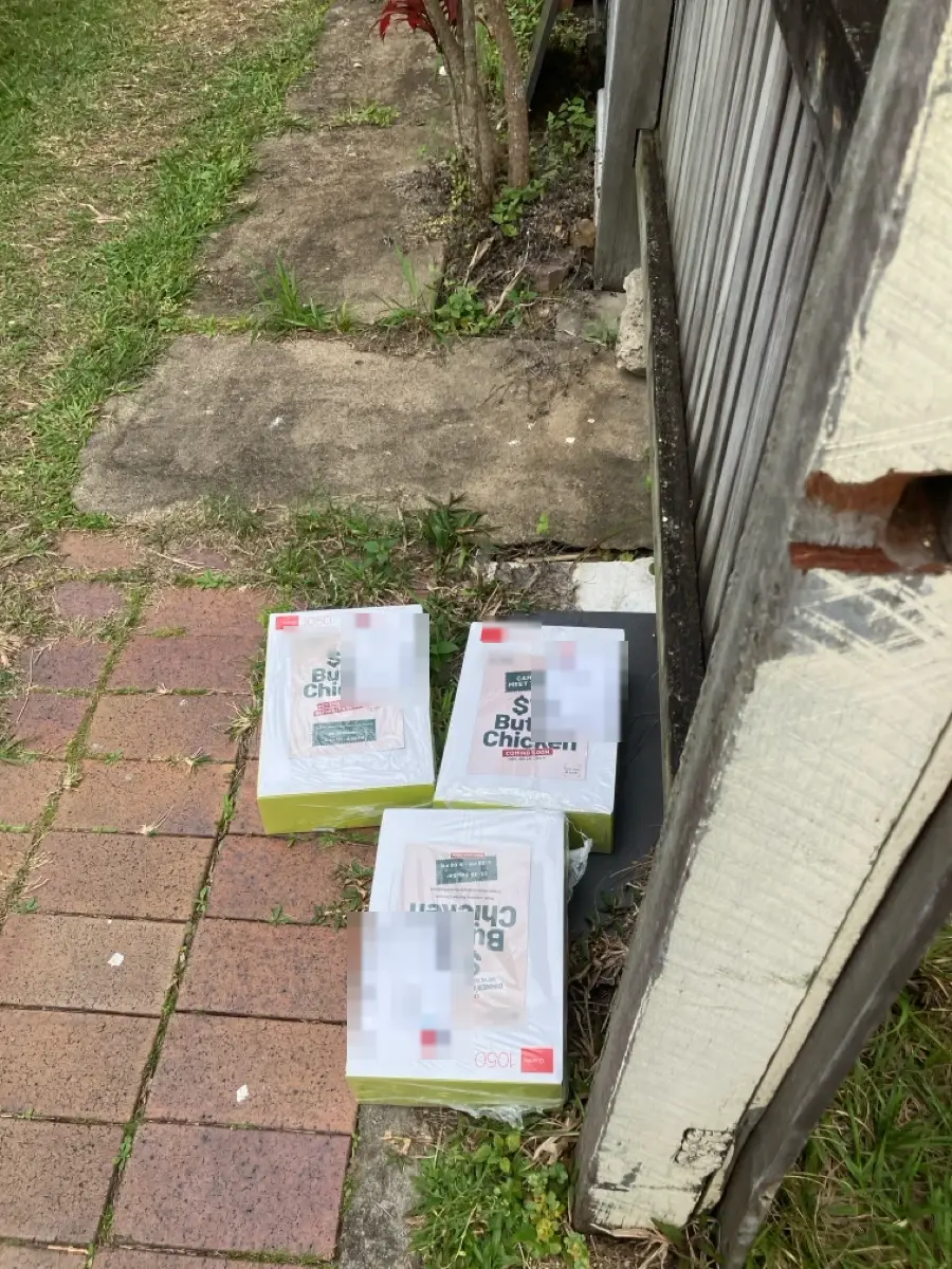Three shrink-wrapped parcels of printed flyers on a brick path beside a fence, delivery labels blurred.