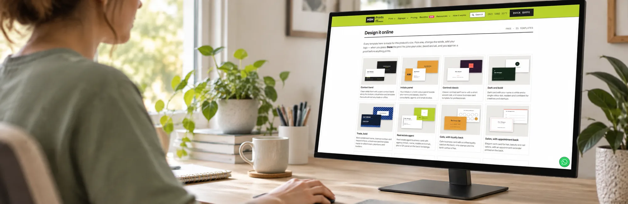 Choosing a business card template in the HSH Prints online designer, on a desktop computer