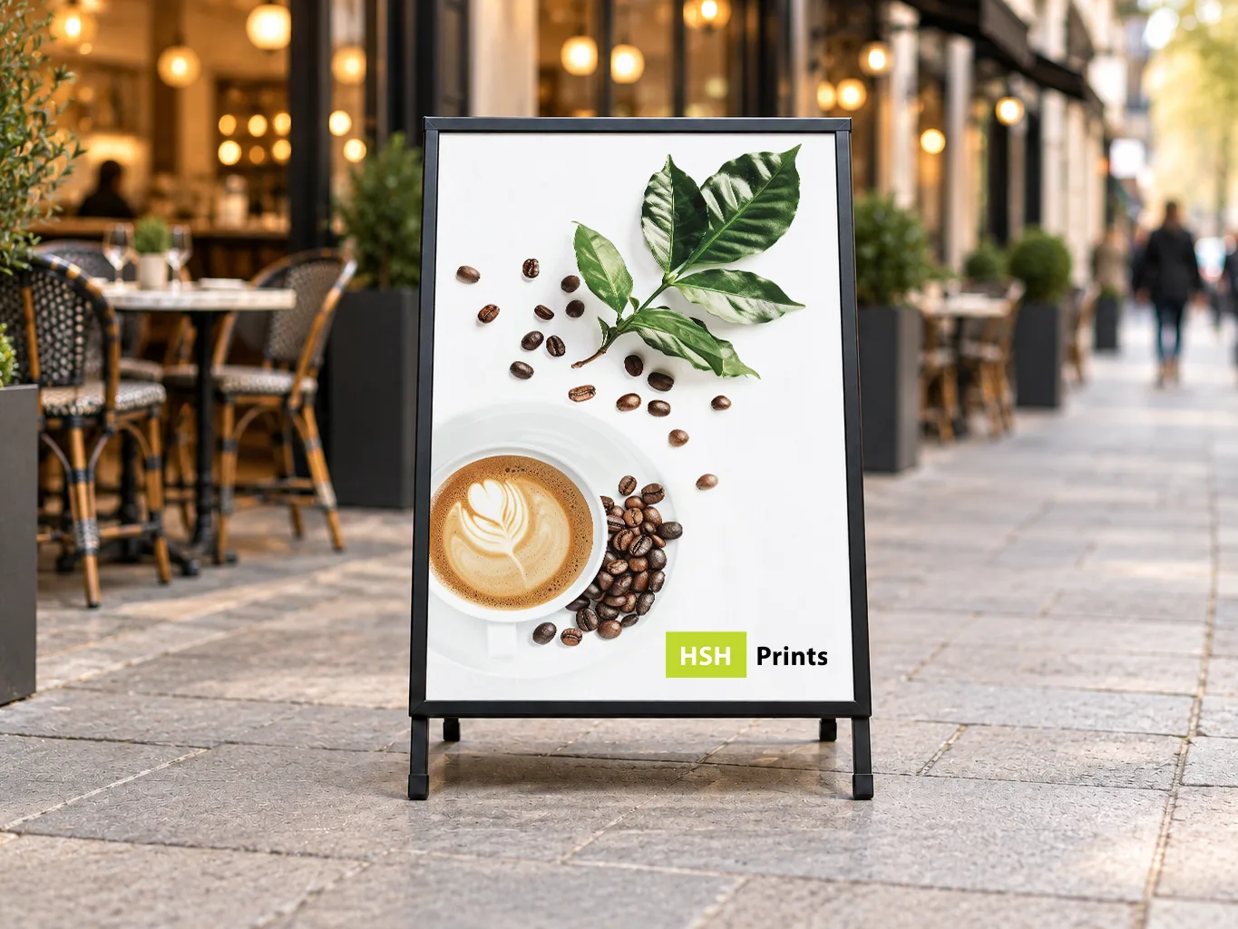 Mockup of a black A-frame footpath sign with a coffee design and the HSH logo, outside a café