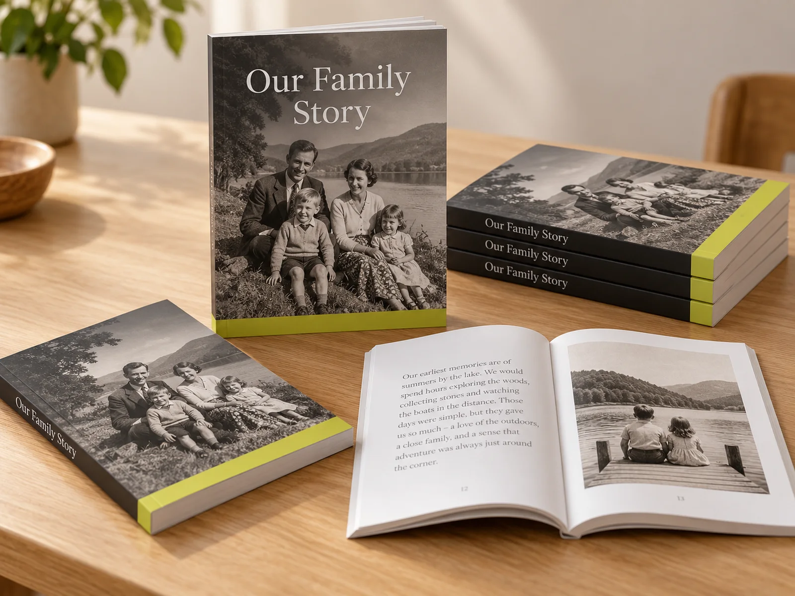 Mockup of softcover family memoir books titled Our Family Story, one standing, one flat showing the spine, one open to a page of text