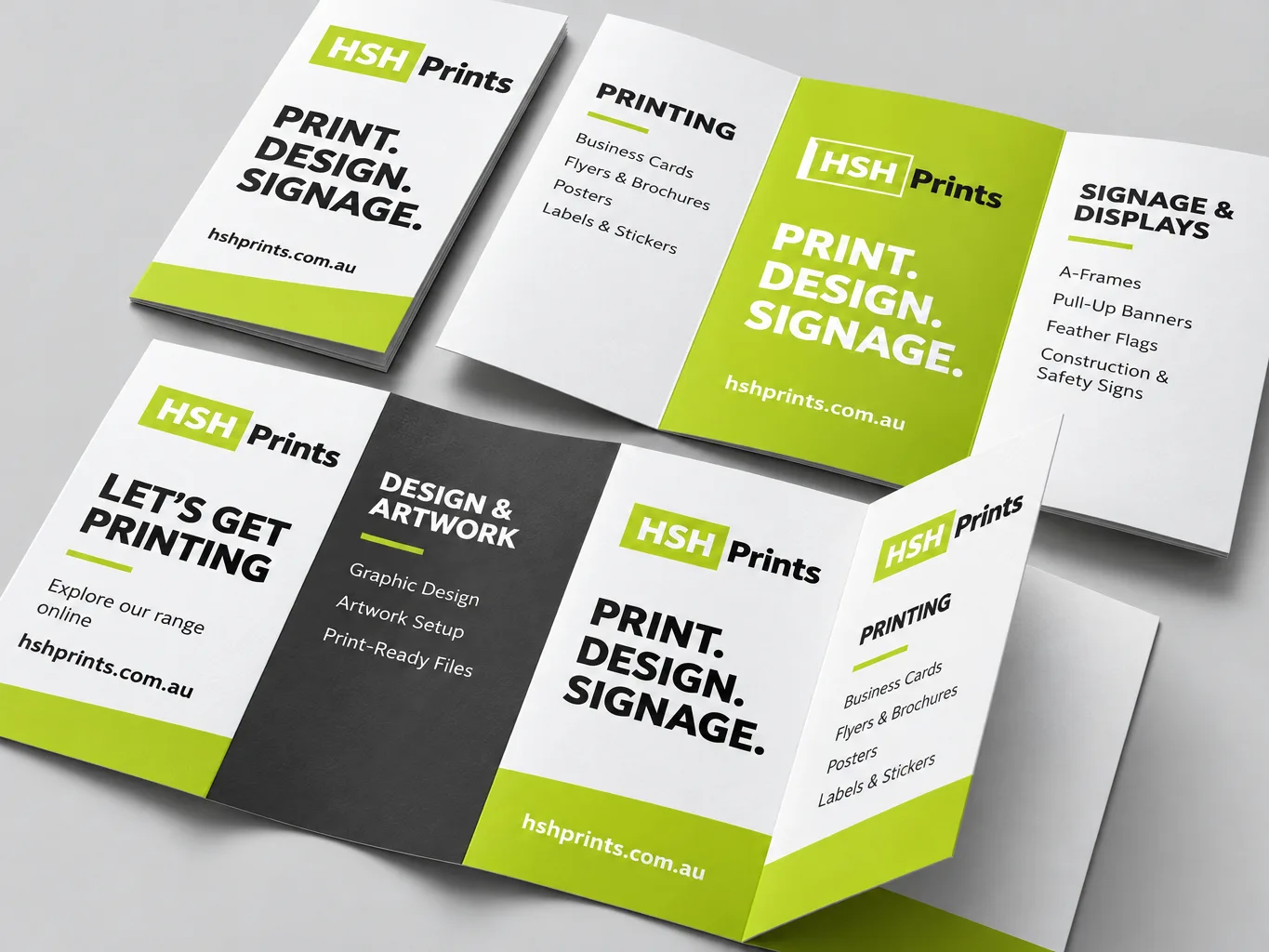 Mockup of HSH tri-fold brochures in white, lime and black, one closed and two opened flat to show the inside panels