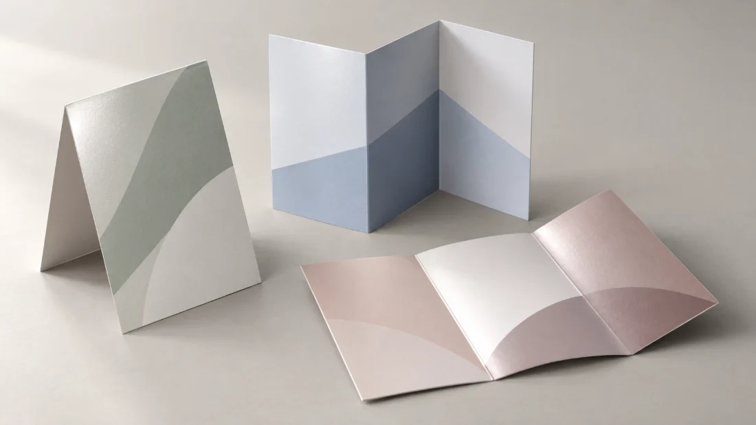 brochure detail: options include half fold, z-fold, roll fold; stocks 150gsm gloss, 200gsm gloss, 250gsm matt
