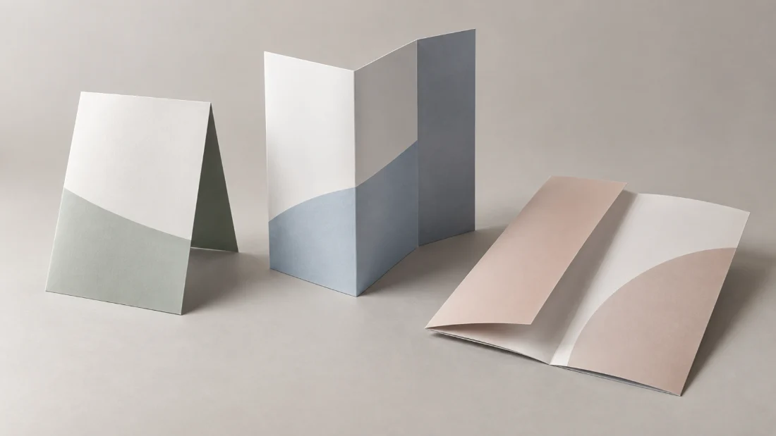 Brochure finish options: half fold, z-fold, roll fold; 150gsm gloss, 200gsm gloss, 250gsm matt stock