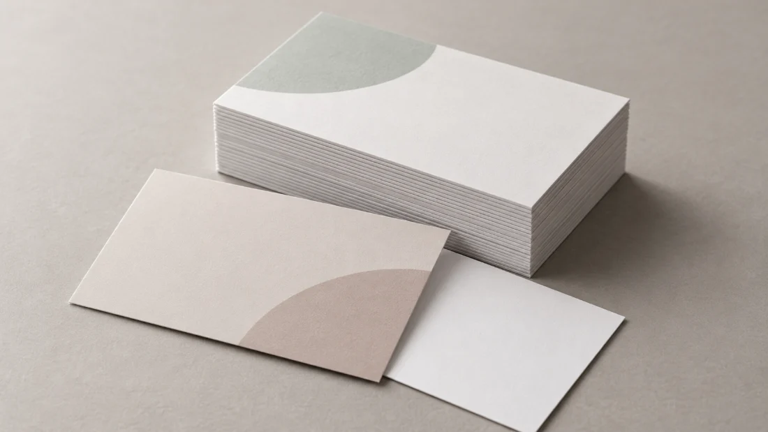 A stack of white business cards on a walnut table, the HSH logo printed in gloss lime