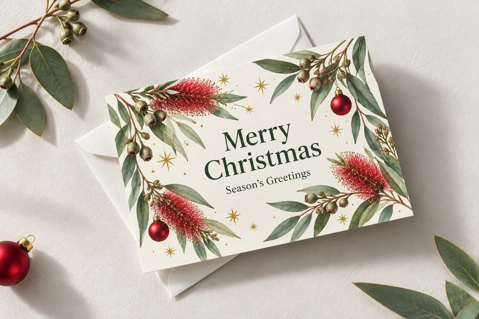 A Merry Christmas card with Australian bottlebrush, gum leaves and red baubles on the front, lying on a white envelope
