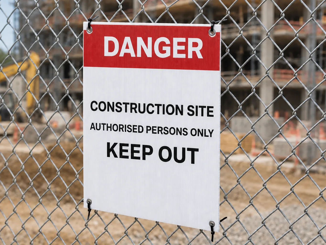 Mockup of a corflute construction site sign reading Danger, Construction Site, Authorised Persons Only, Keep Out, cable-tied to a site fence