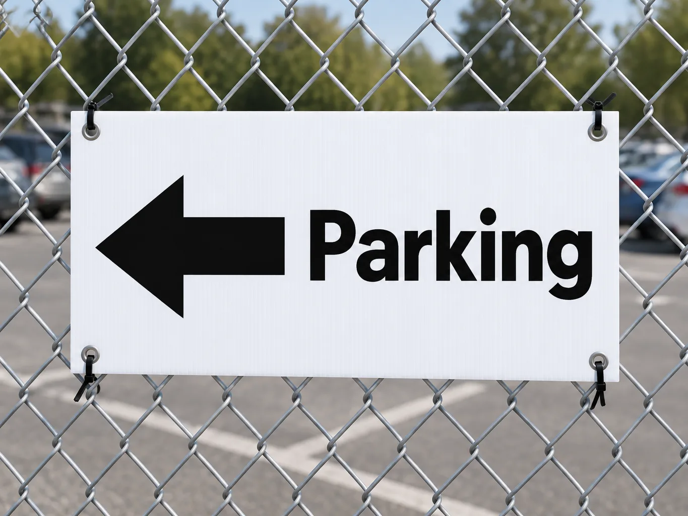 Mockup of a white corflute directional sign with a black arrow reading Parking, cable-tied to a chain-wire fence beside a car park