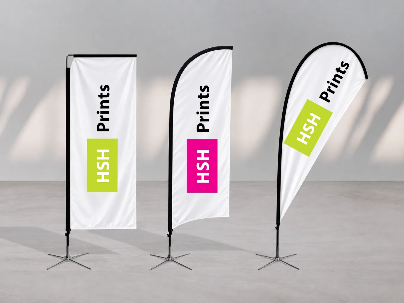 Mockup of three HSH flags on cross bases: a rectangle, a feather and a teardrop