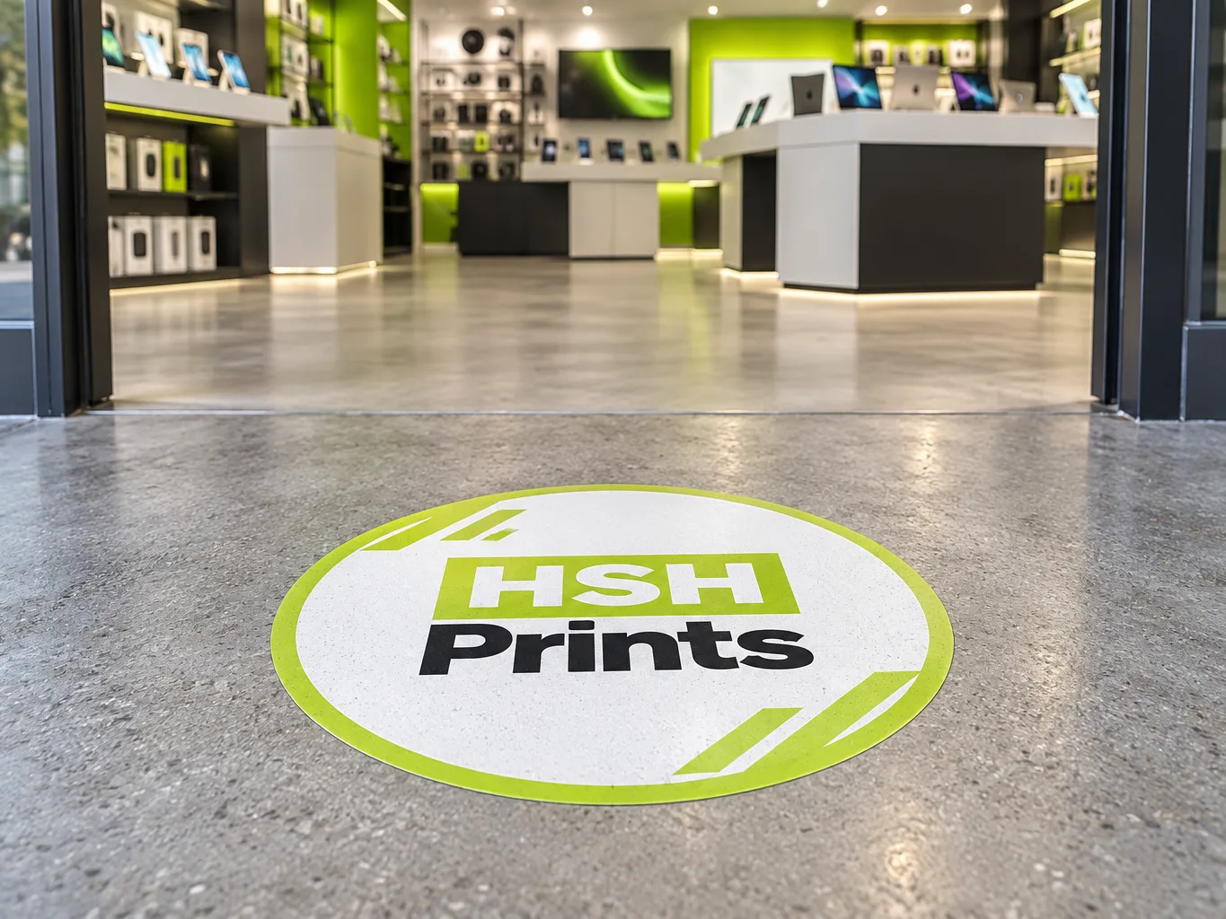 Mockup of a round lime and white HSH floor decal on a polished concrete floor at a shop entrance