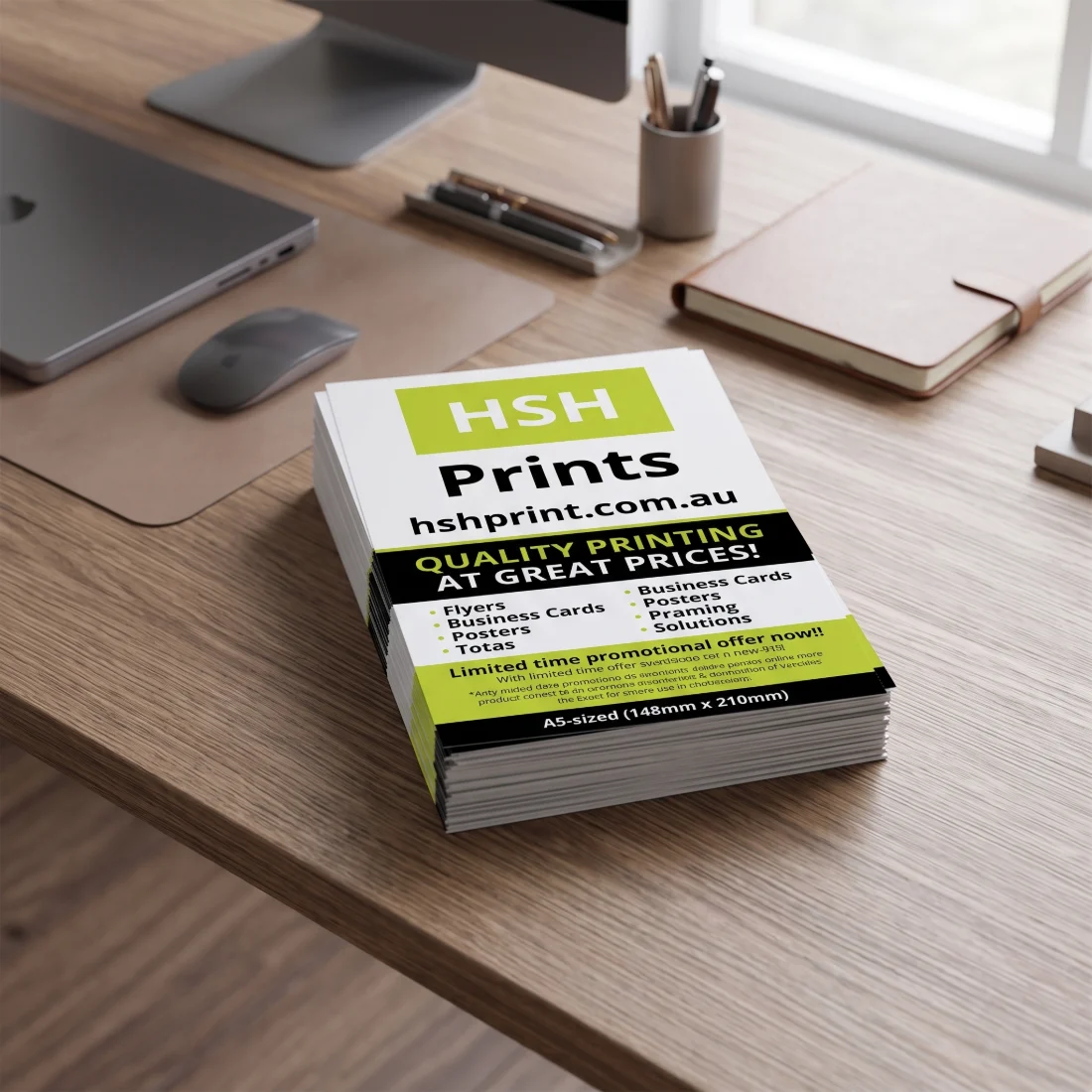 A stack of A5 flyers on a timber desk beside a laptop, notebook and pen tray
