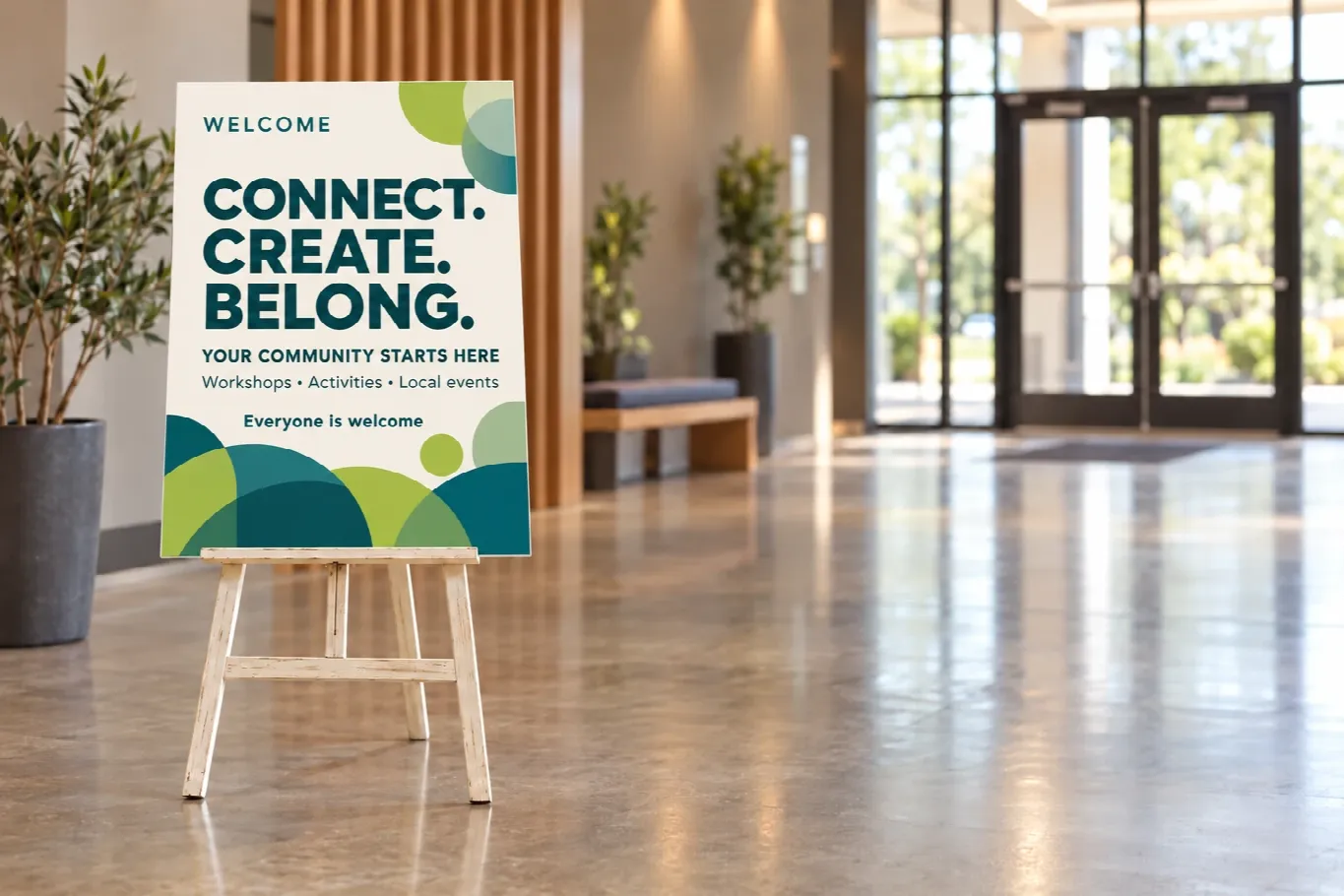 A printed foam board welcome sign reading Connect. Create. Belong. on a whitewashed timber easel in a bright community hall
