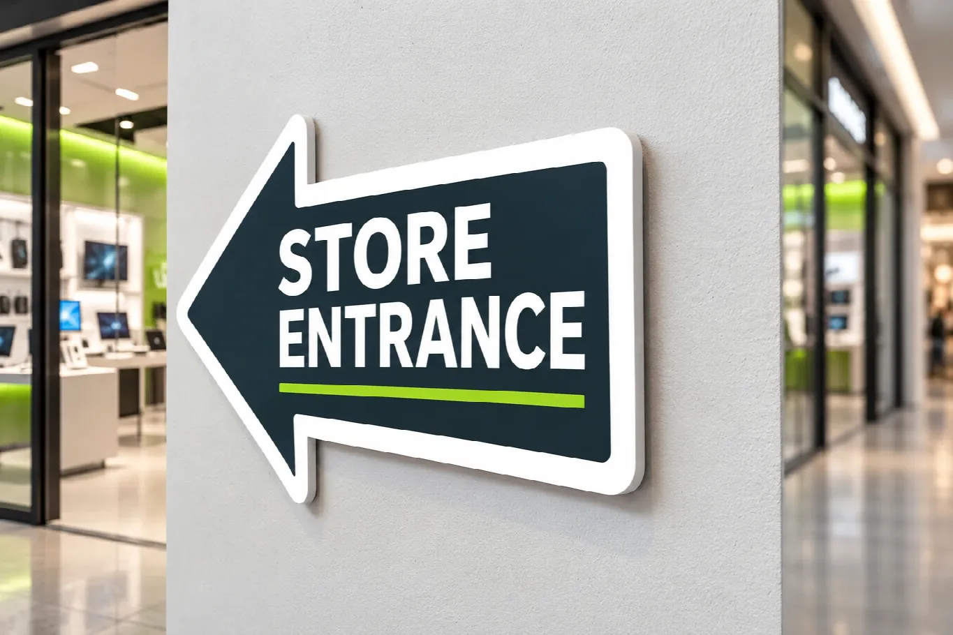An arrow-shaped foam PVC sign reading Store Entrance, router cut to its outline and fixed to a wall in a shopping centre