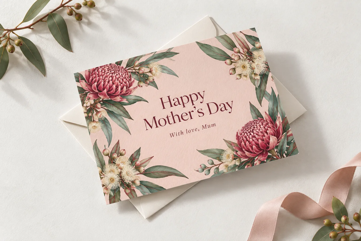 A landscape Mother's Day greeting card with waratahs and gum blossom on blush pink, lying on a plain envelope