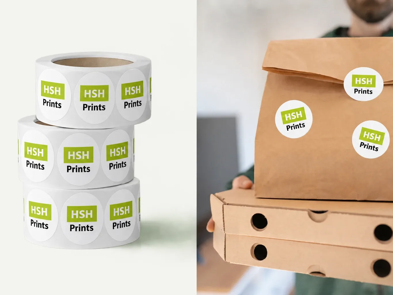 Mockup of three rolls of round HSH labels, beside the same labels applied to a takeaway bag