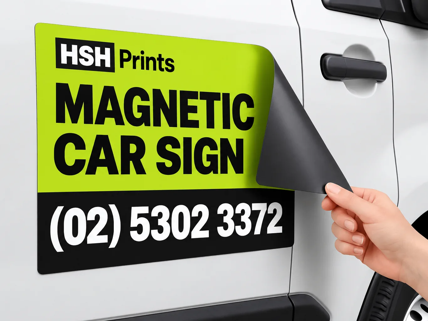 Mockup of a lime and black magnetic car sign on a white van door, one corner peeled back by hand to show the magnetic backing