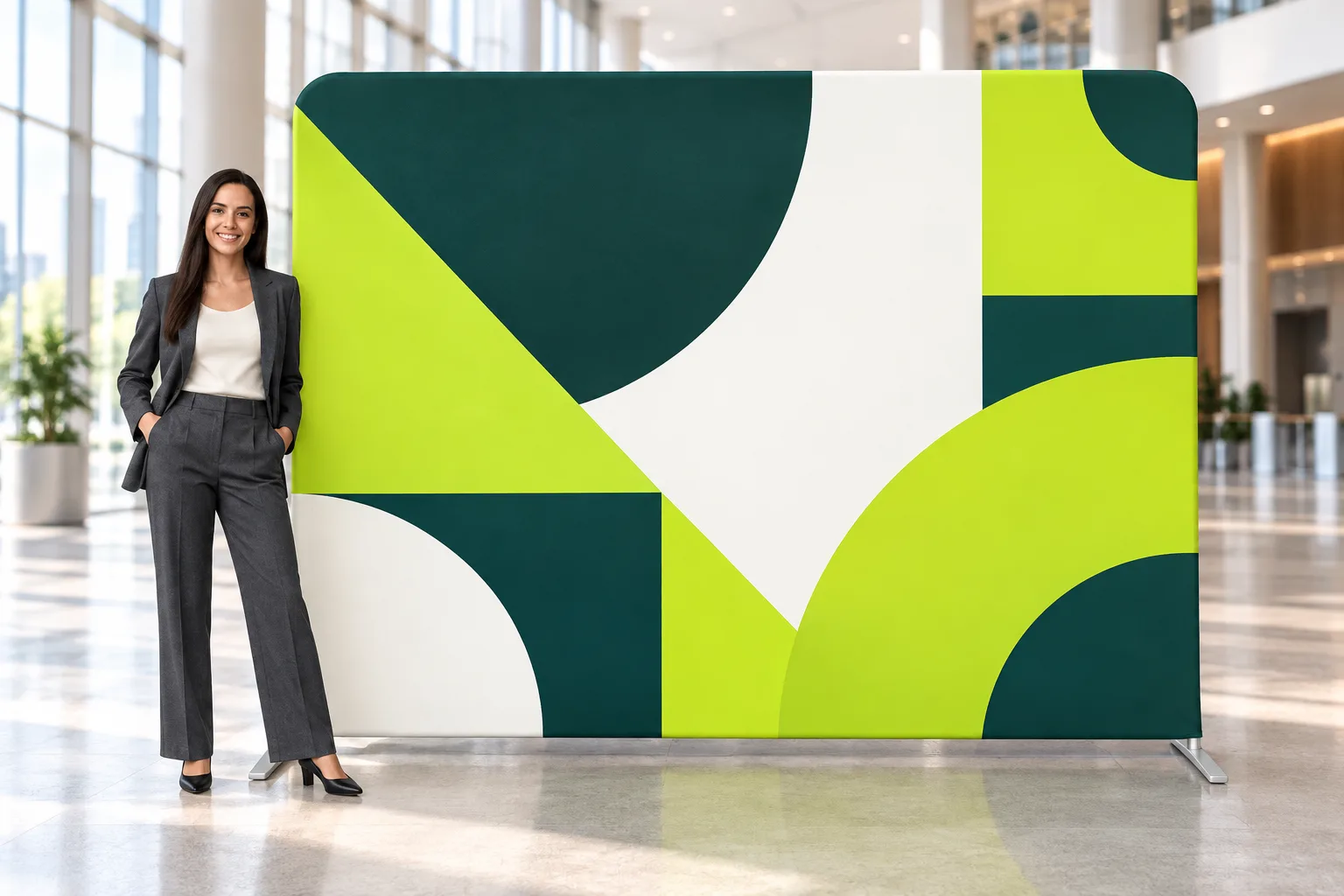 A stretch-fabric media wall printed in dark green, lime and white shapes, standing in a bright foyer with a woman beside it for scale