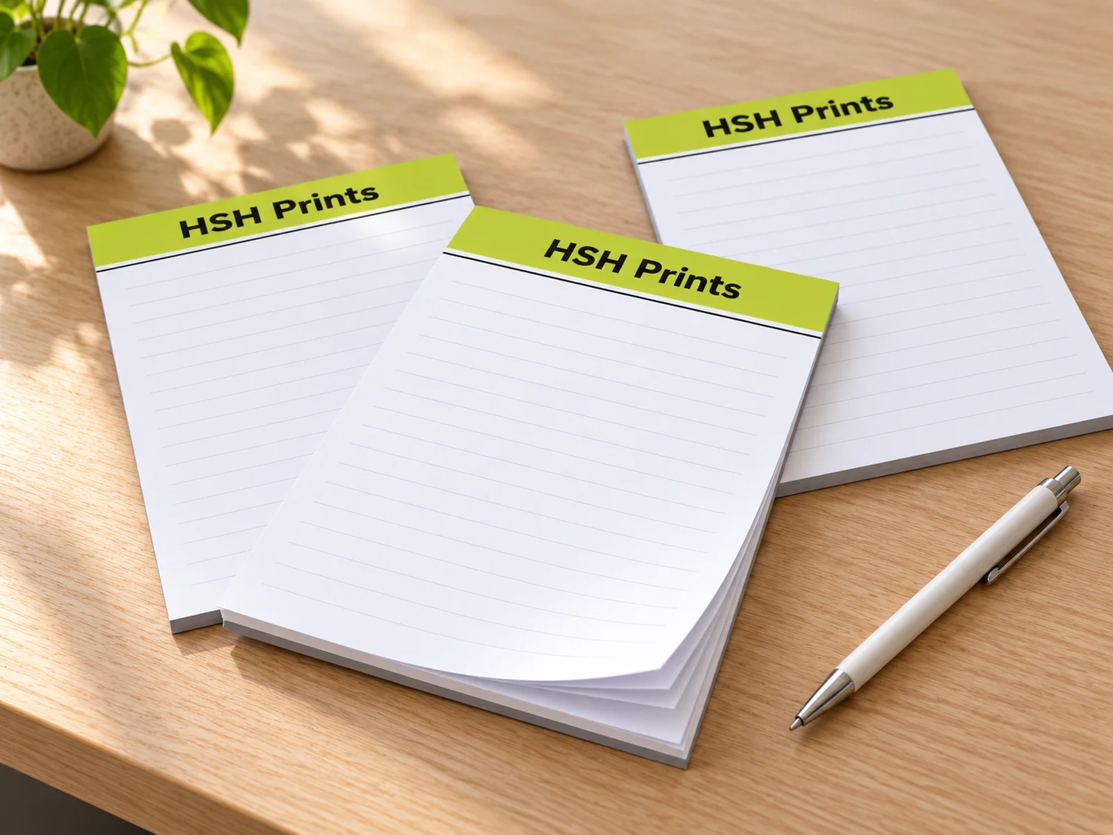 Mockup of three A5 notepads with a lime HSH Prints header and ruled lines on an oak desk, one pad fanned, a pen beside them