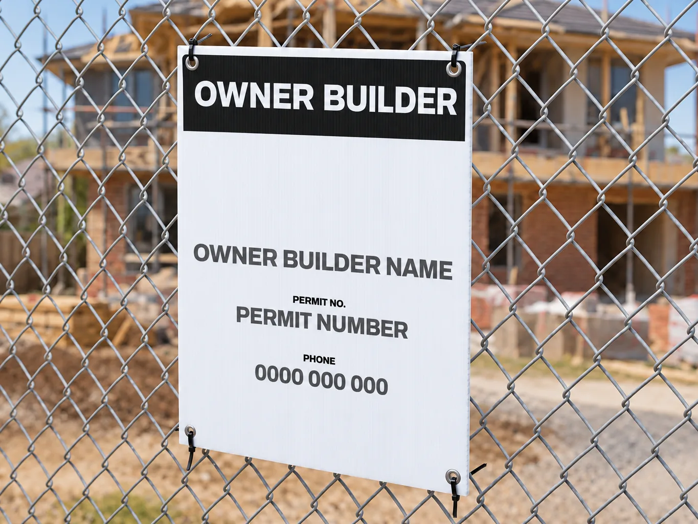 Mockup of a corflute owner builder sign with name, permit number and phone fields, cable-tied to a fence in front of a house under construction