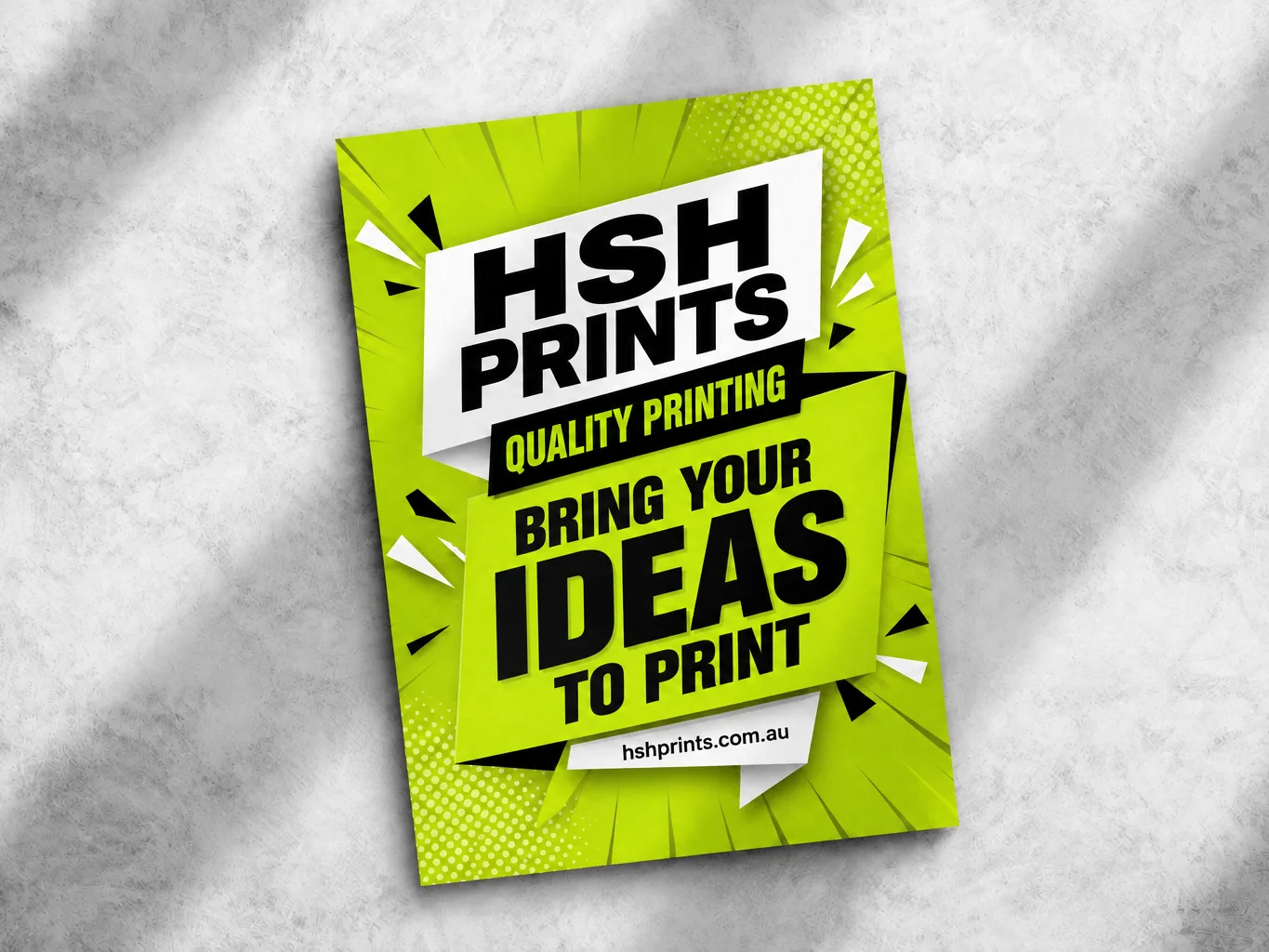 Mockup of a lime and black HSH poster reading Quality printing, bring your ideas to print, on a textured white wall
