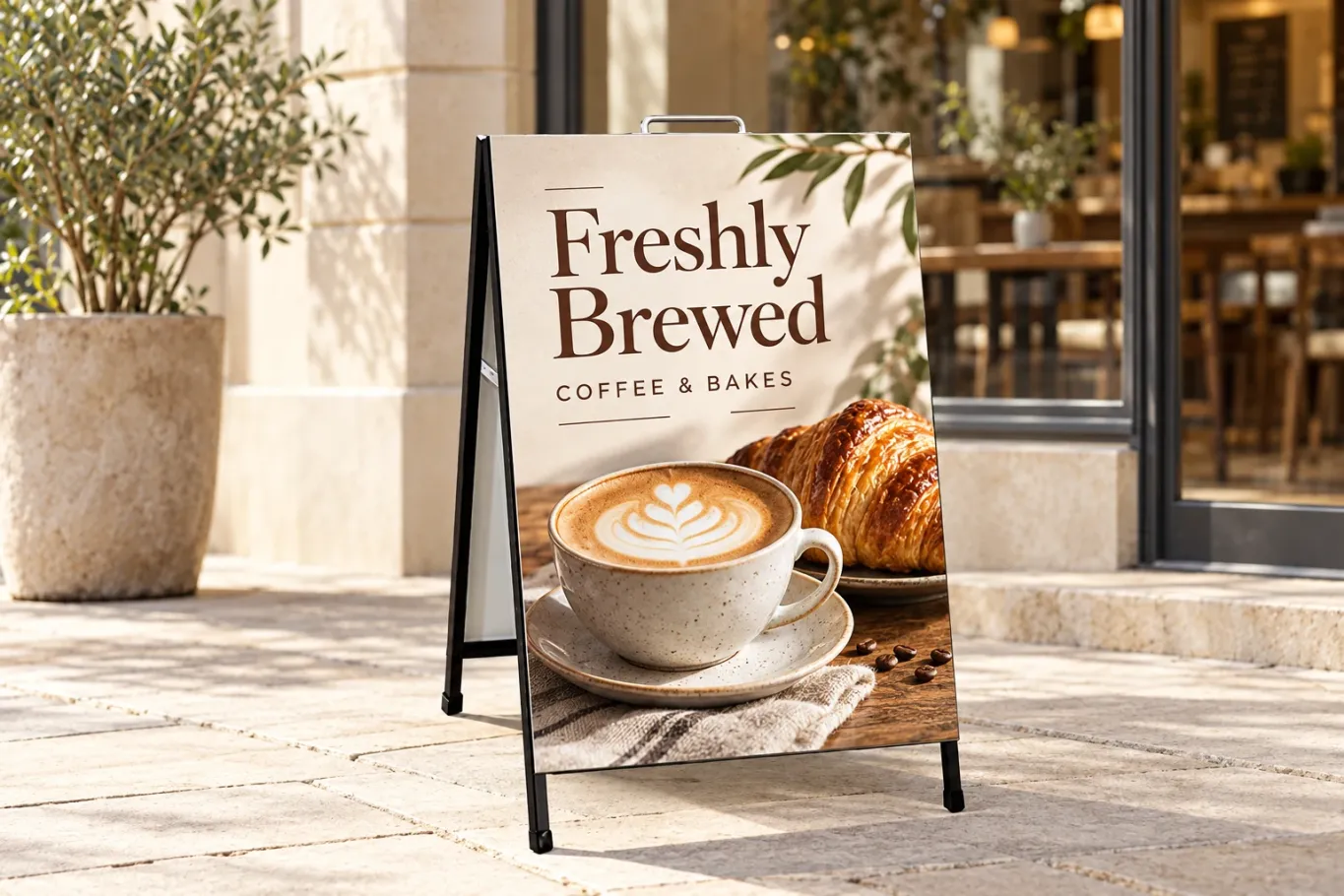 A premium A-frame sign with a full-colour coffee and croissant design outside a café, on a sunny footpath