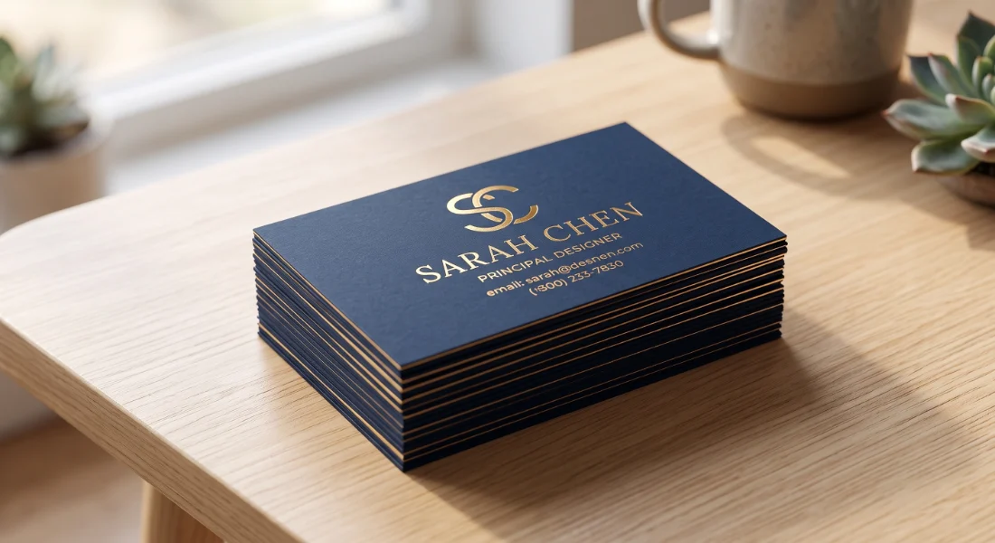 A stack of navy business cards with a gold foil monogram and gilded edges, on a pale oak desk