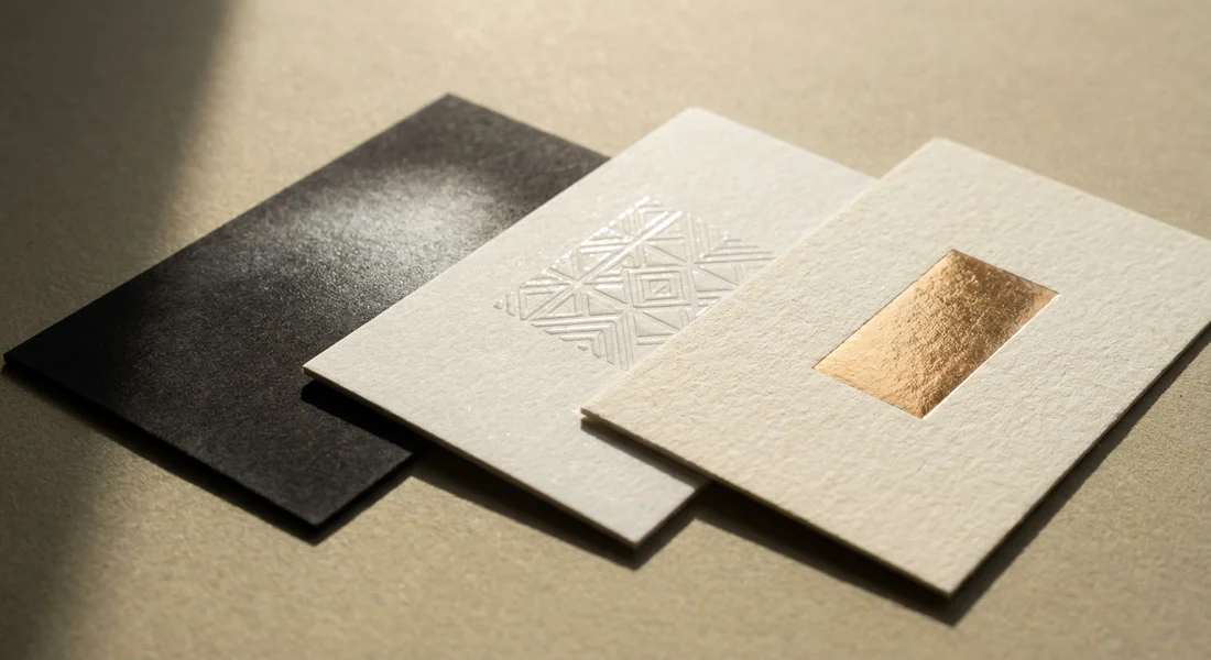 A stack of white business cards on an oak windowsill, the HSH logo raised in gloss lime and black