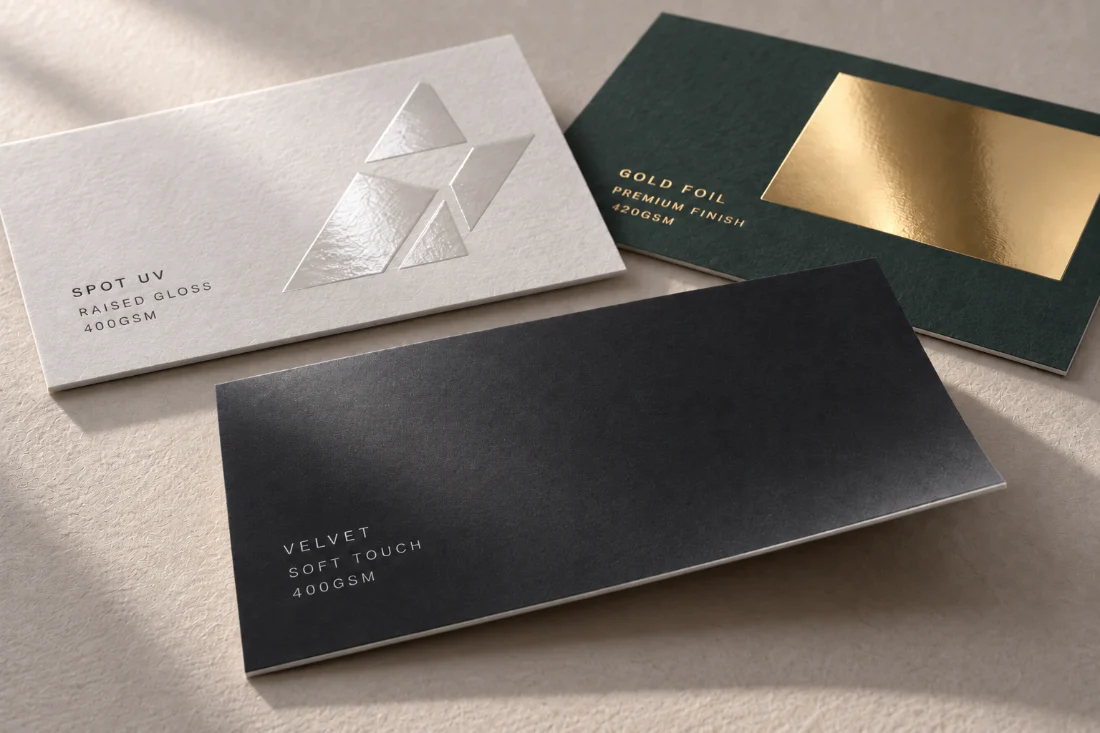 A stack of white business cards on a walnut table, the HSH logo printed in gloss lime