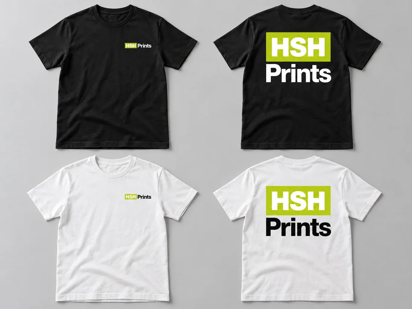 Mockup of HSH t-shirts in black and in white, front with a small chest logo and back with a large logo across the shoulders