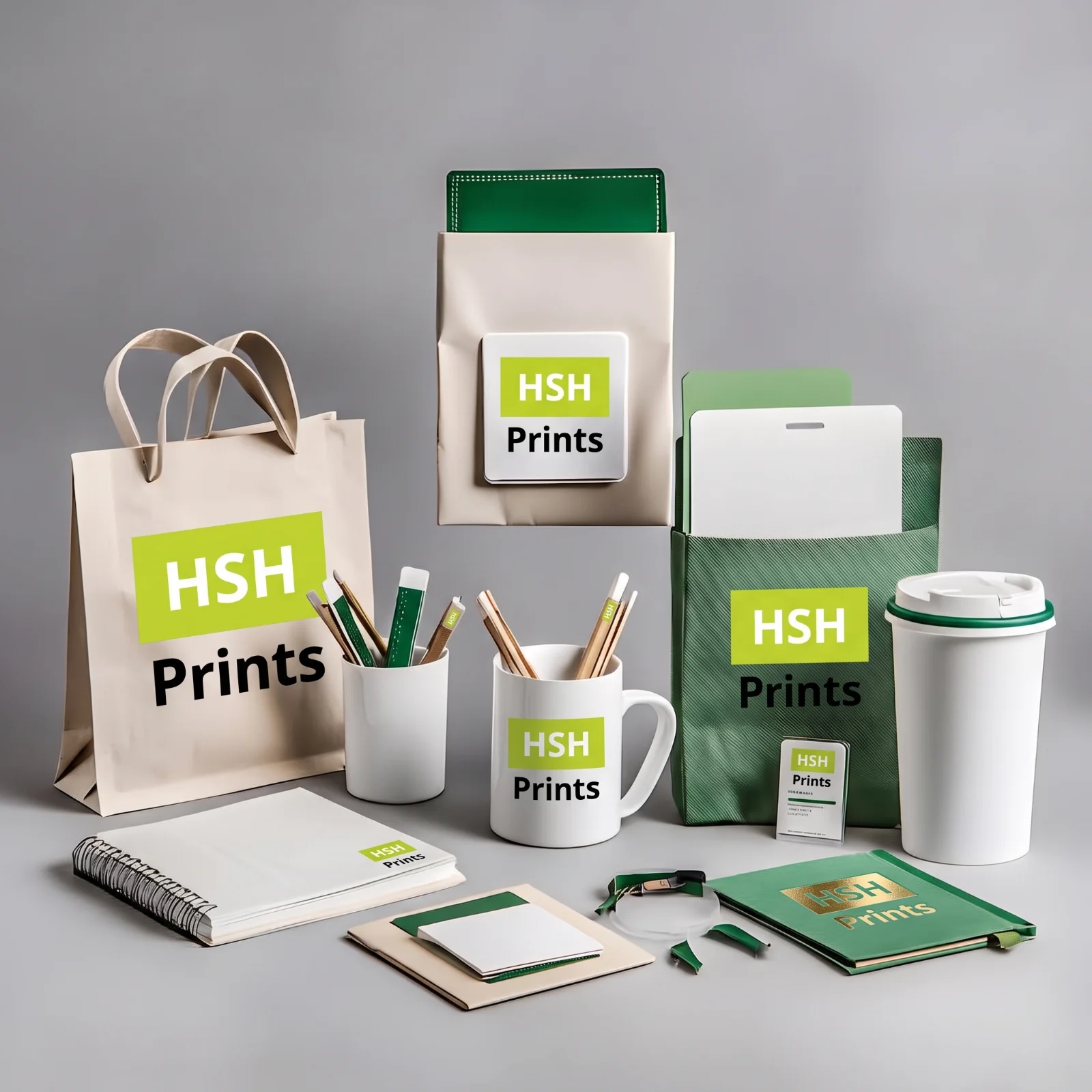A branded merchandise set on grey — tote bag, mugs, keep cup, notebooks, pens and a lanyard card, all carrying the same logo