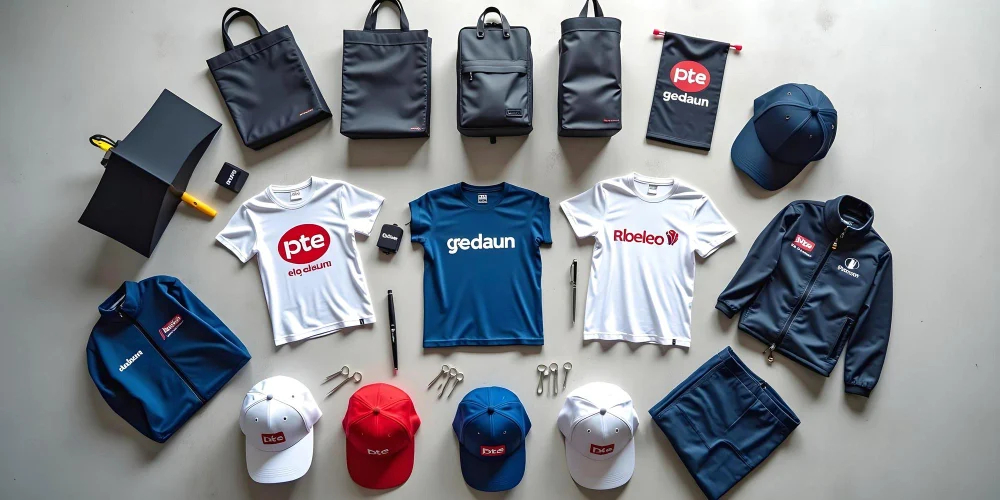 A flat lay of branded workwear and bags — polo shirts, caps, softshell jackets, backpacks and a drawstring bag