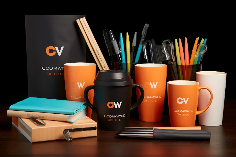 Branded drinkware and stationery on a dark table — ceramic mugs, a travel mug, notebooks and pens in matching orange and black