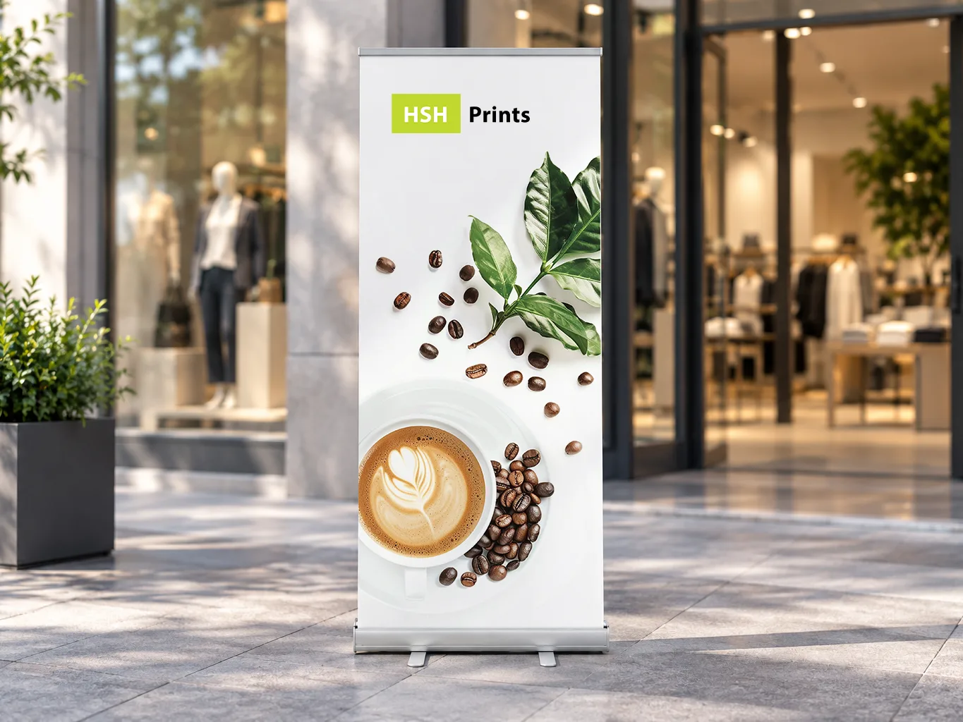 Mockup of a pull-up banner with a coffee design and the HSH logo, standing on its base outside a shopfront