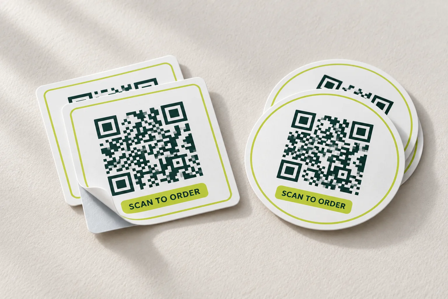 Square and round QR code stickers printed Scan to order in green and lime, one corner peeled back to show the backing