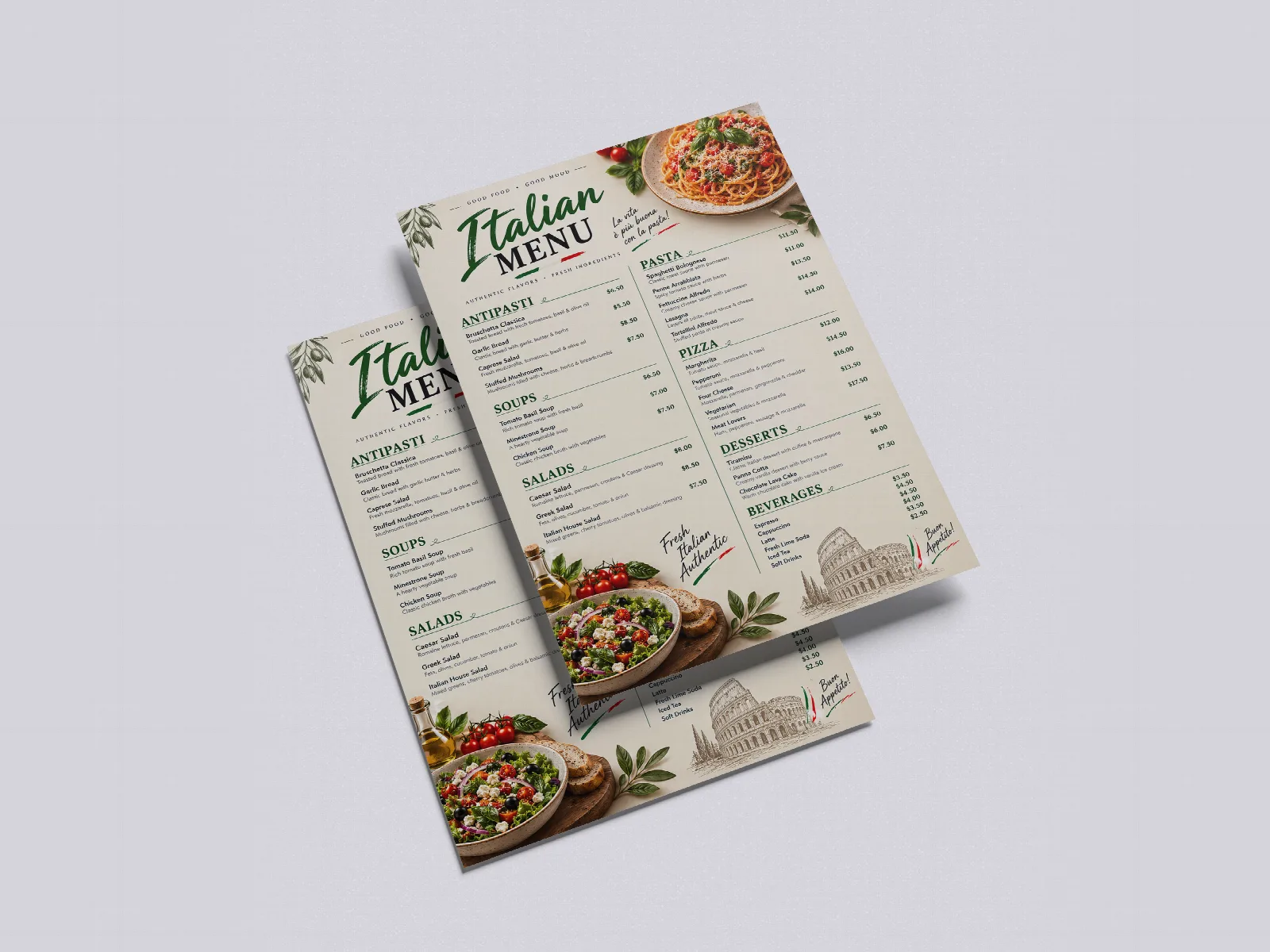 Mockup of two printed A4 Italian restaurant menus with pasta and salad photographs, one lying over the other