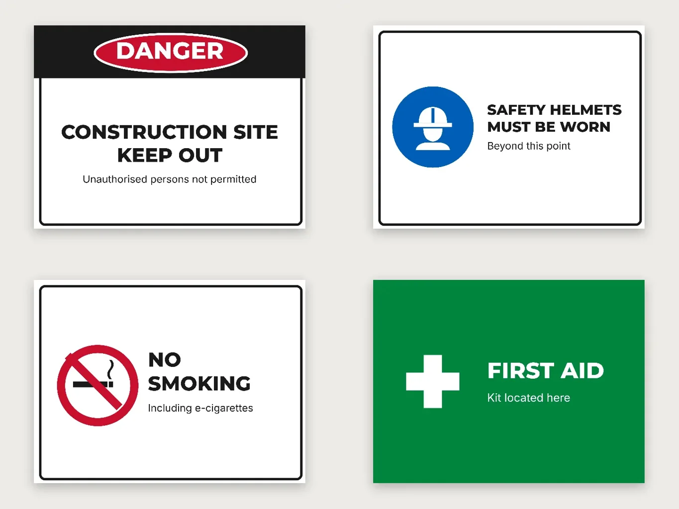 Four of the safety sign designs: danger construction site keep out, safety helmets must be worn, no smoking and first aid