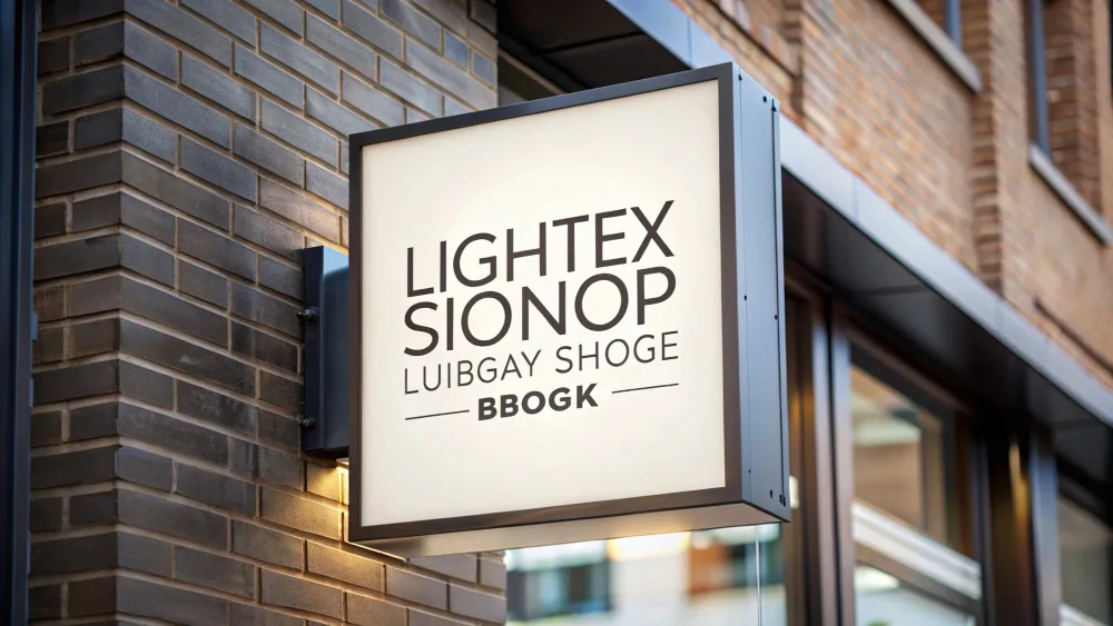 An illuminated projecting shopfront sign in a slim dark frame, mounted off a brick pier above a shop window