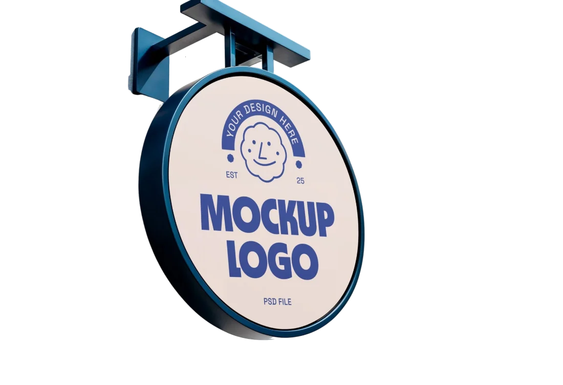 A round projecting lightbox sign on a wall bracket, shown as a blank mockup with placeholder artwork