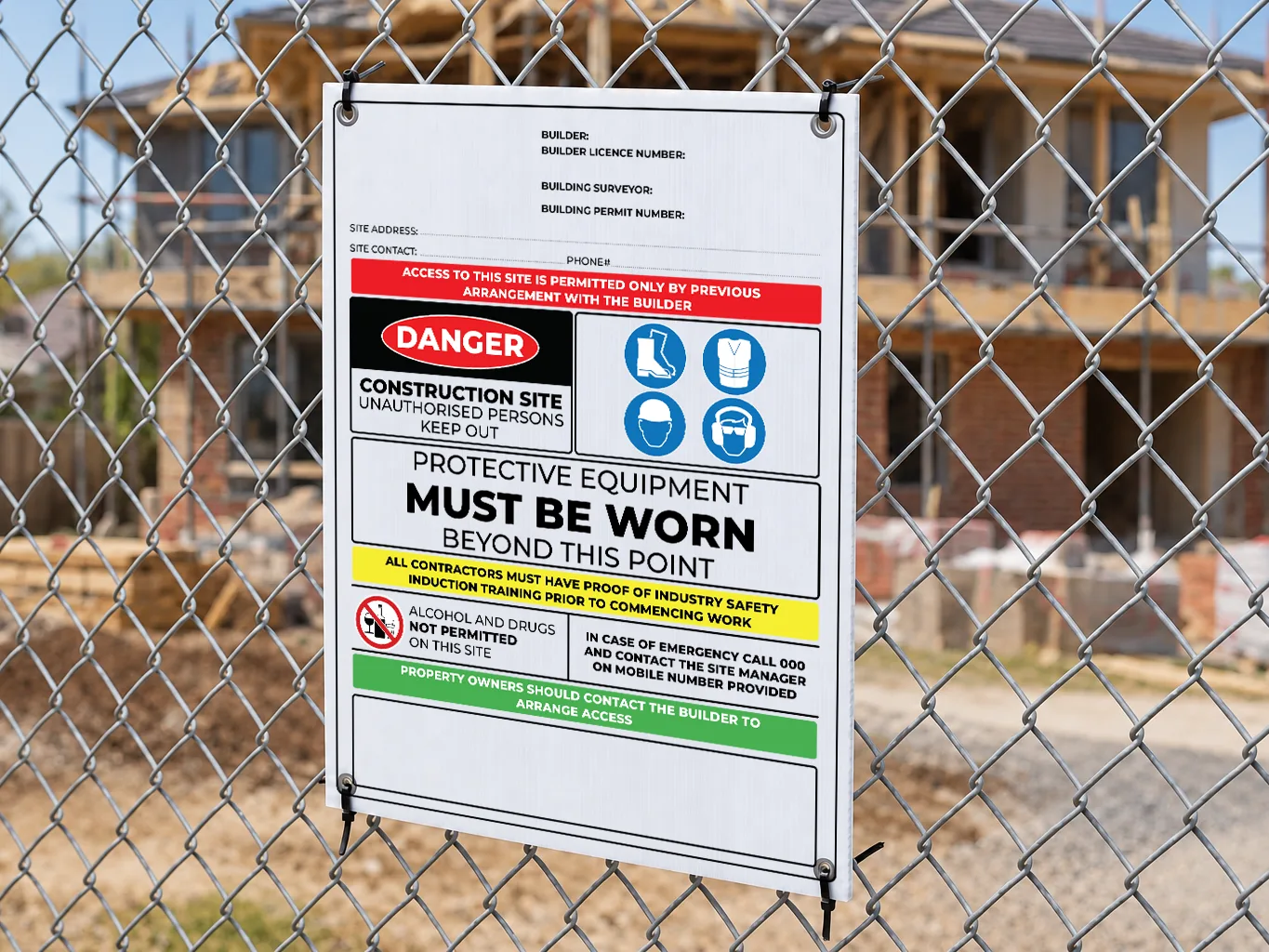 Mockup of a full builders site safety board on corflute, with builder details, a danger panel, PPE pictograms and induction and emergency bands, on a fence in front of a house under construction