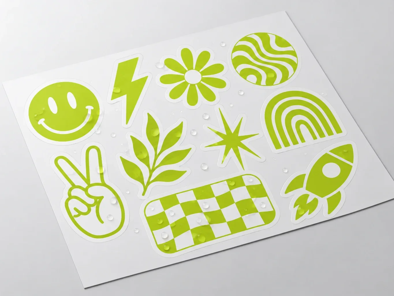 Mockup of a sheet of lime kiss-cut vinyl stickers, a smiley, lightning bolt, flower, rocket and others, beaded with water drops