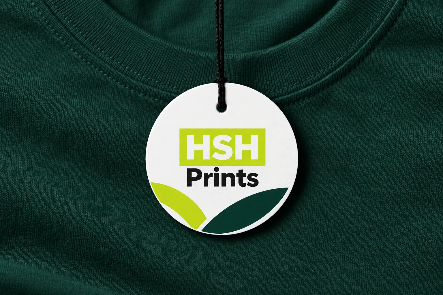 A 70mm round swing tag with the HSH Prints logo, hung on black string at the neck of a dark green t-shirt