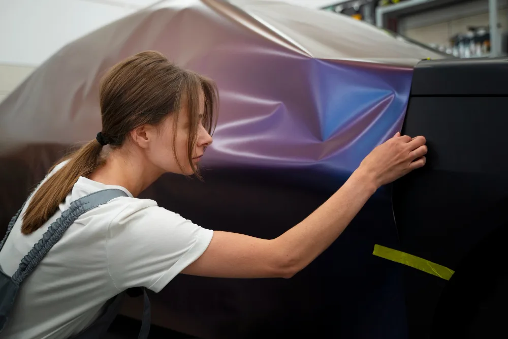 An installer smoothing a colour-shift vinyl wrap onto a car’s rear quarter panel, the edge held with masking tape