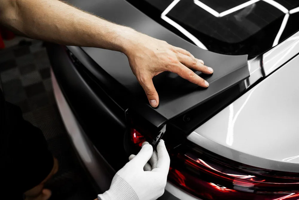 Two pairs of hands easing a black wrap panel over the boot lid of a silver car, working the edge in beside the tail light