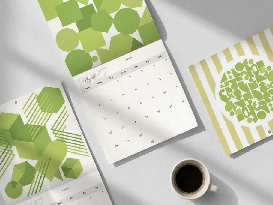 Mockup of photo wall calendar pages on a desk, one open at a month grid under a green geometric image, beside a cup of coffee