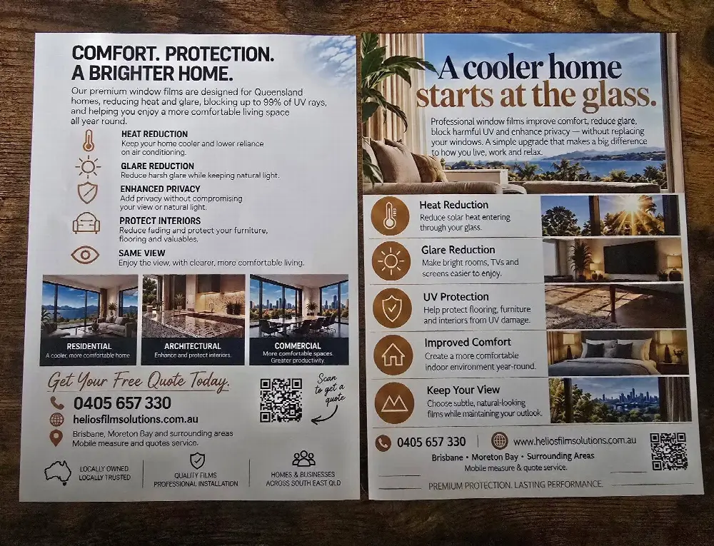 The reverse of the same two flyers: the benefits of window film with icons, three room photographs, and a free quote call to action with a phone number and QR code.