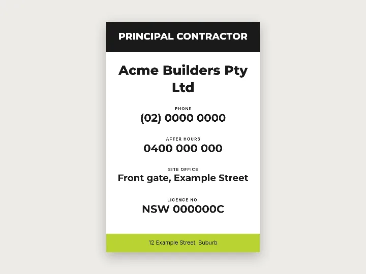 Construction site signs template: principal contractor