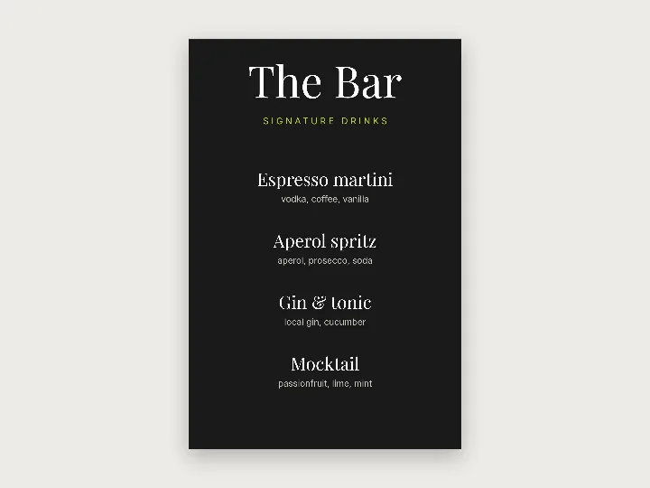 Sign template: bar menu