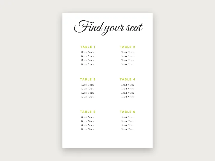 Foam board signs template: seating chart