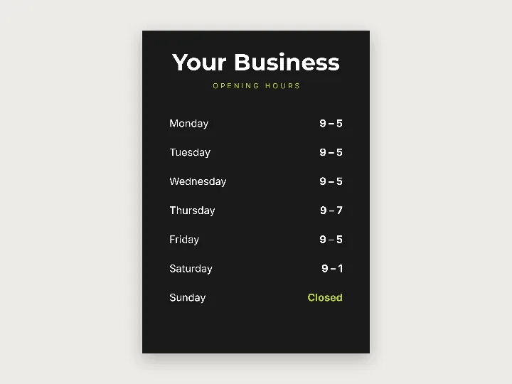 Foam PVC signs template: business hours