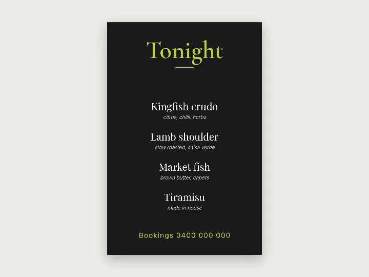 Sign template: dining menu