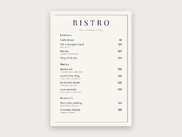 Restaurant menus template: bistro, classic serif